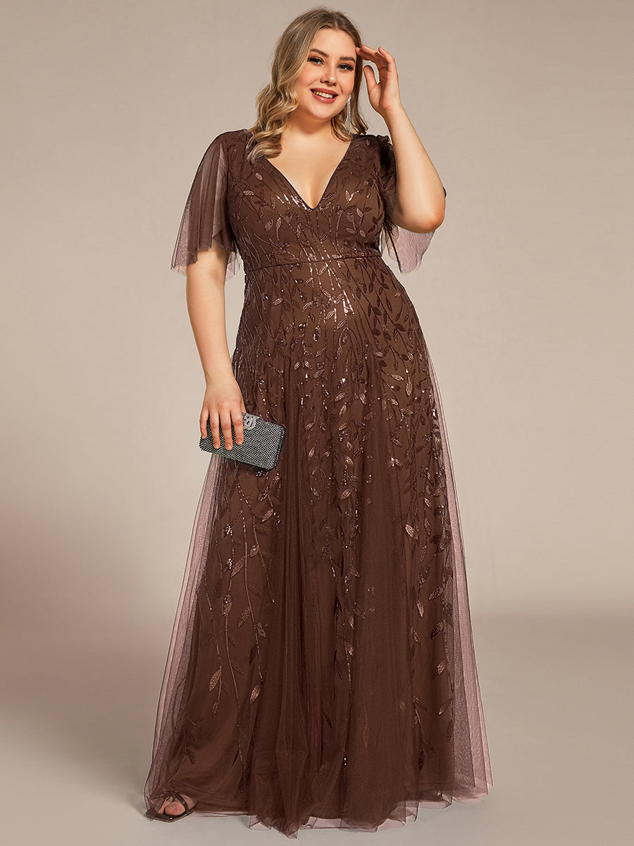 Robe d'Invité de Superbe Mariage Longue à Col en V et Manches à Volants #Couleur_Brun