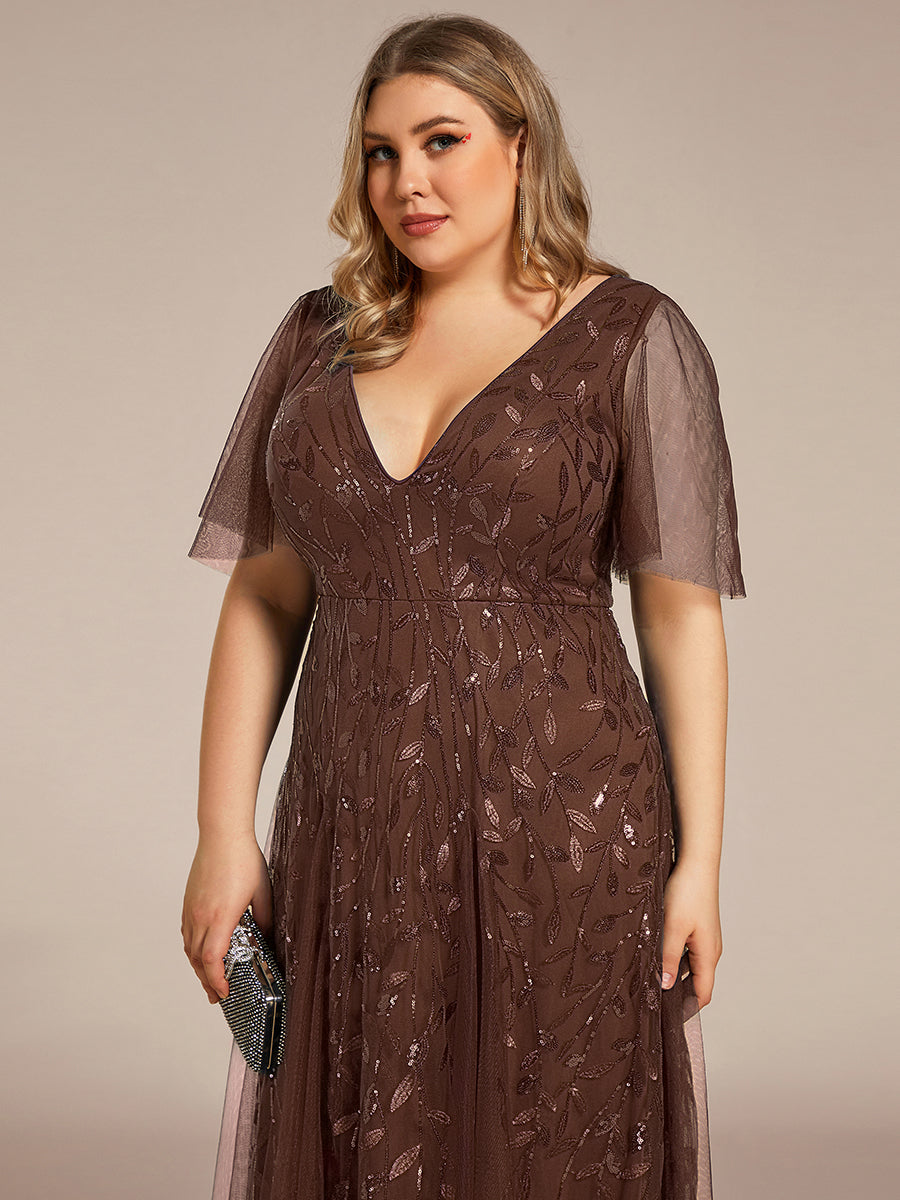 Robe d'Invité de Superbe Mariage Longue à Col en V et Manches à Volants #Couleur_Brun