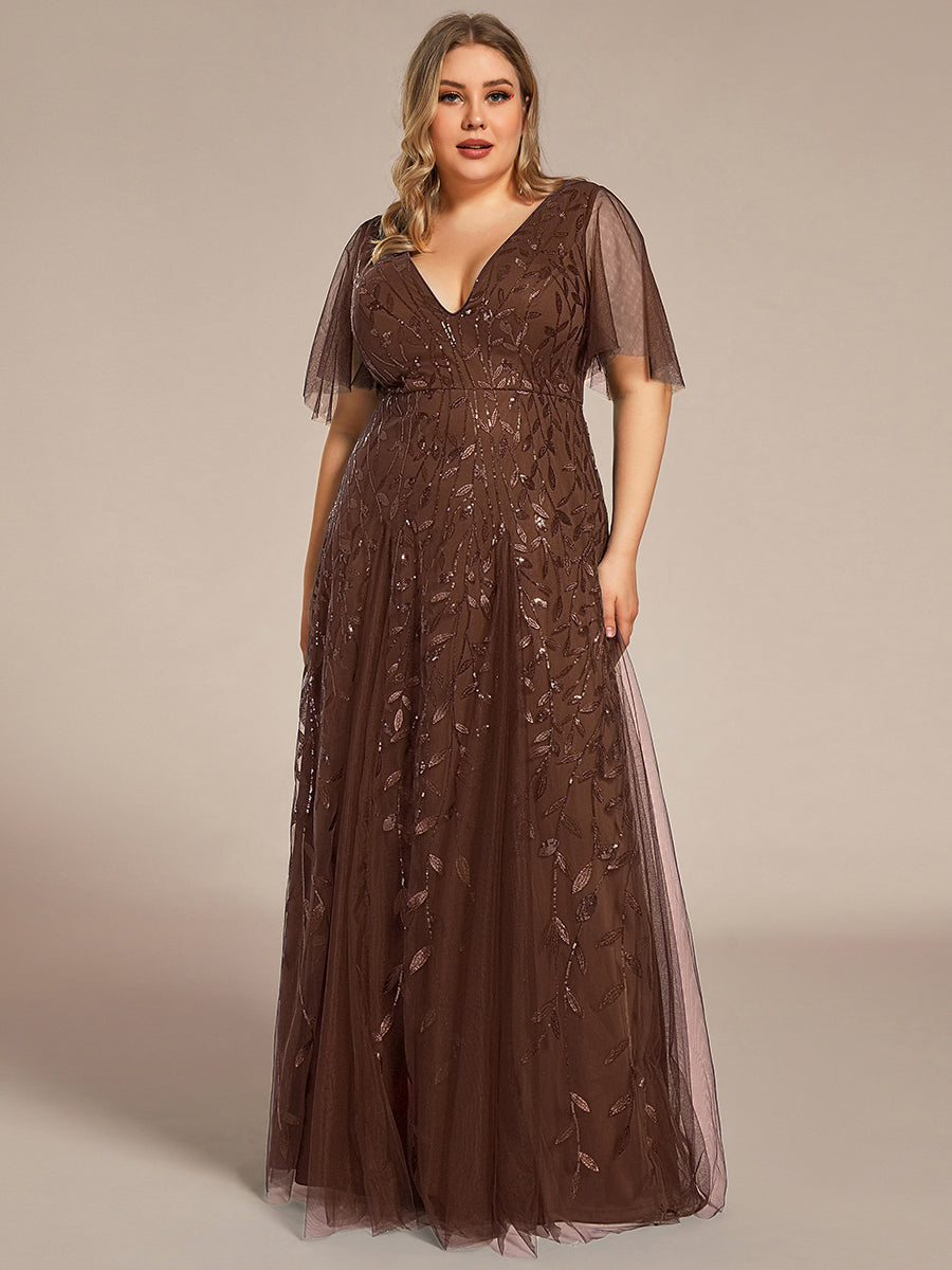 Robe d'Invité de Superbe Mariage Longue à Col en V et Manches à Volants #Couleur_Brun