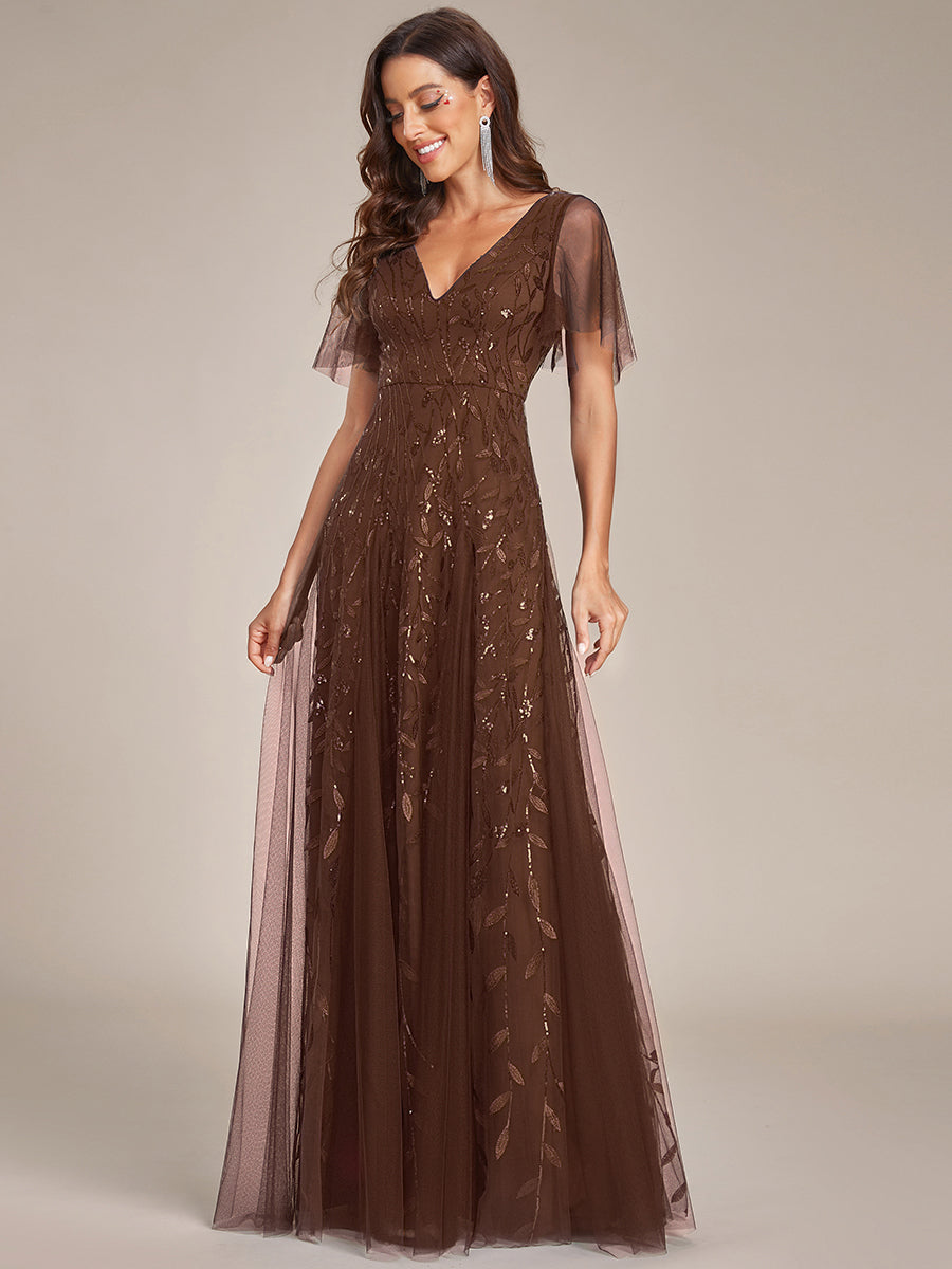 Robe d'Invité de Superbe Mariage Longue à Col en V et Manches à Volants #Couleur_Brun