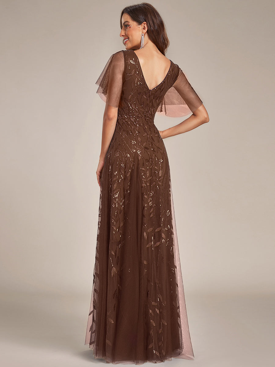 Robe d'Invité de Superbe Mariage Longue à Col en V et Manches à Volants #Couleur_Brun