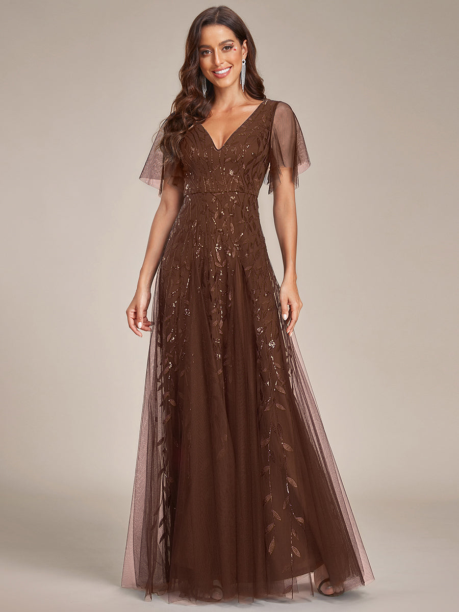 Robe d'Invité de Superbe Mariage Longue à Col en V et Manches à Volants #Couleur_Brun