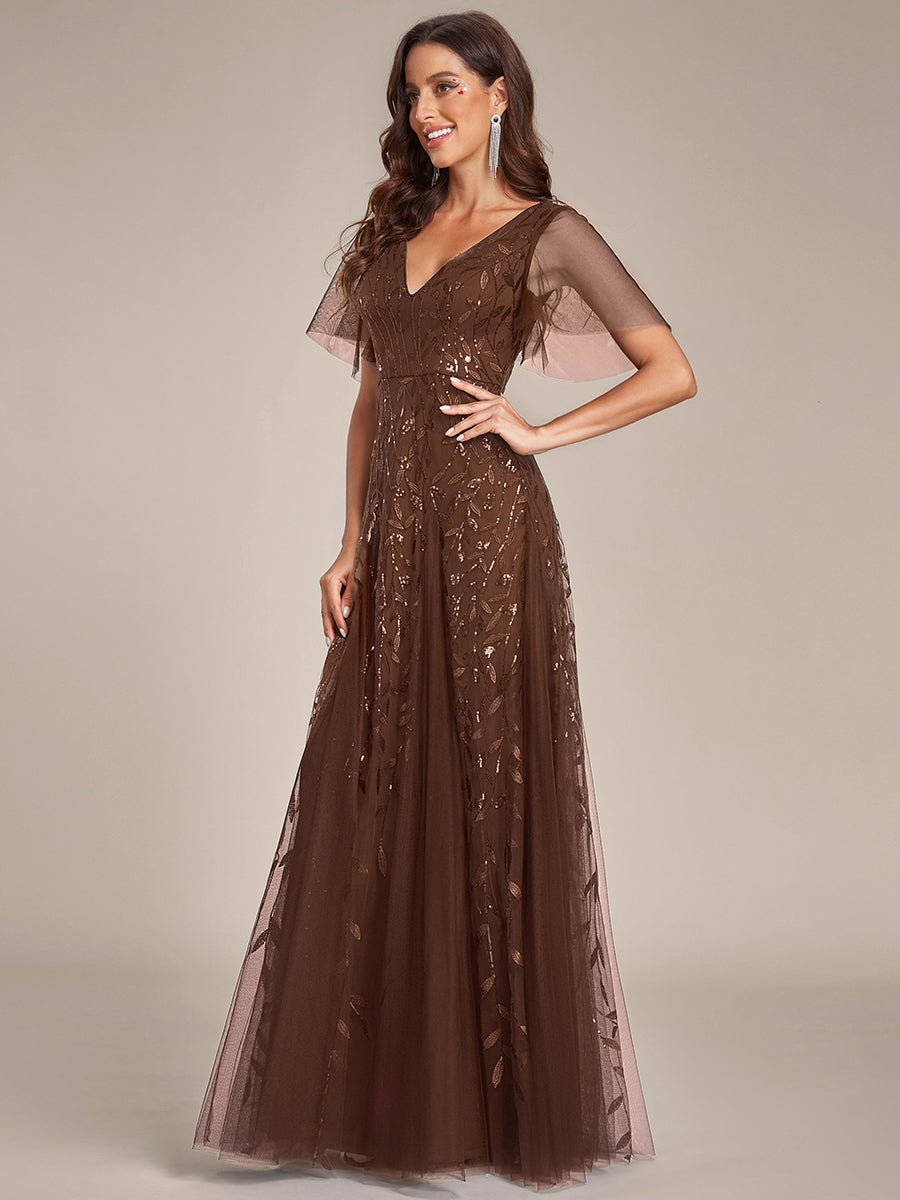 Robe d'Invité de Superbe Mariage Longue à Col en V et Manches à Volants #Couleur_Brun