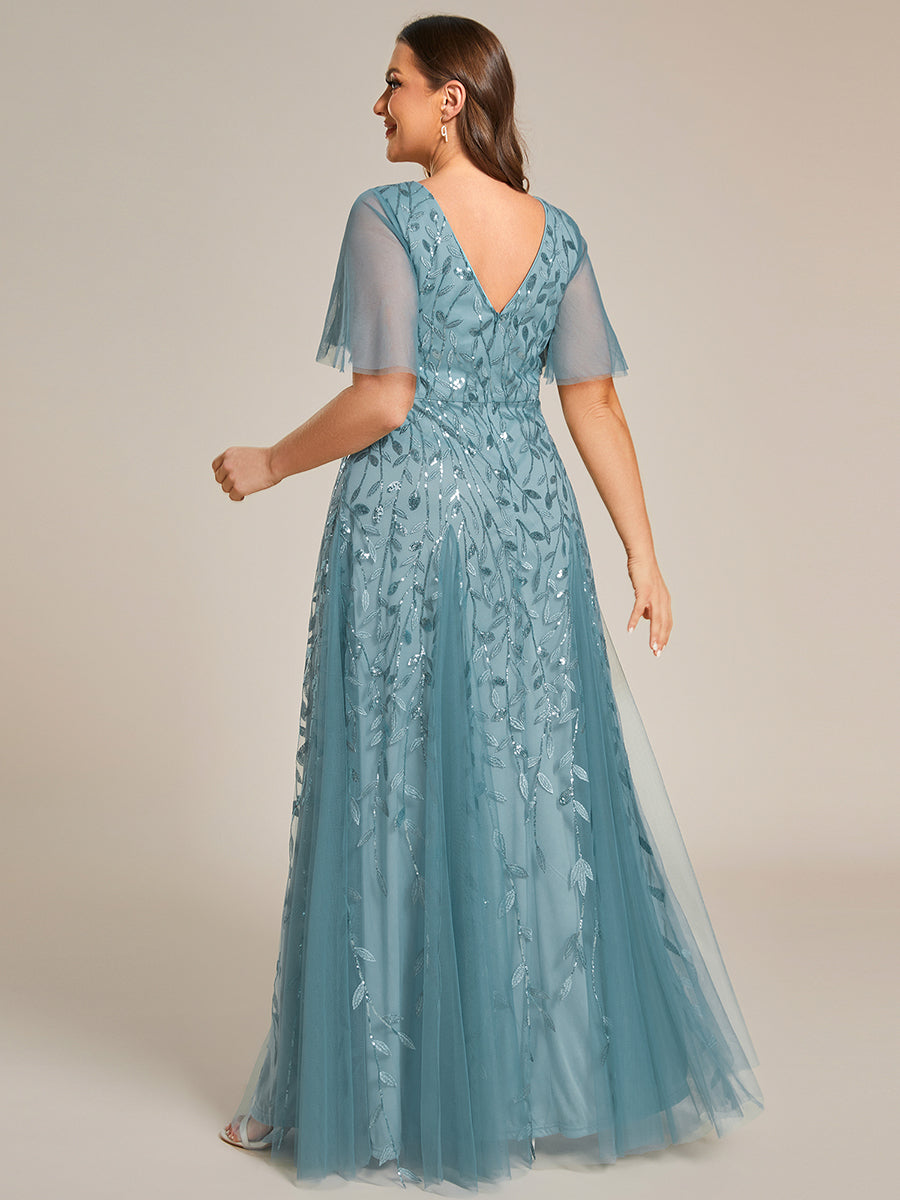 Robe de Soirée Longue Romantique et Scintillante à Col V et Pailletes #Couleur_Bleu Fume
