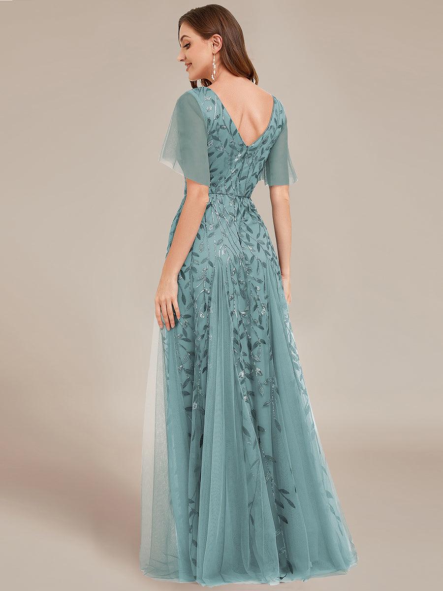 Robe d'Invité de Superbe Mariage Longue à Col en V et Manches à Volants #Couleur_Bleu Fume