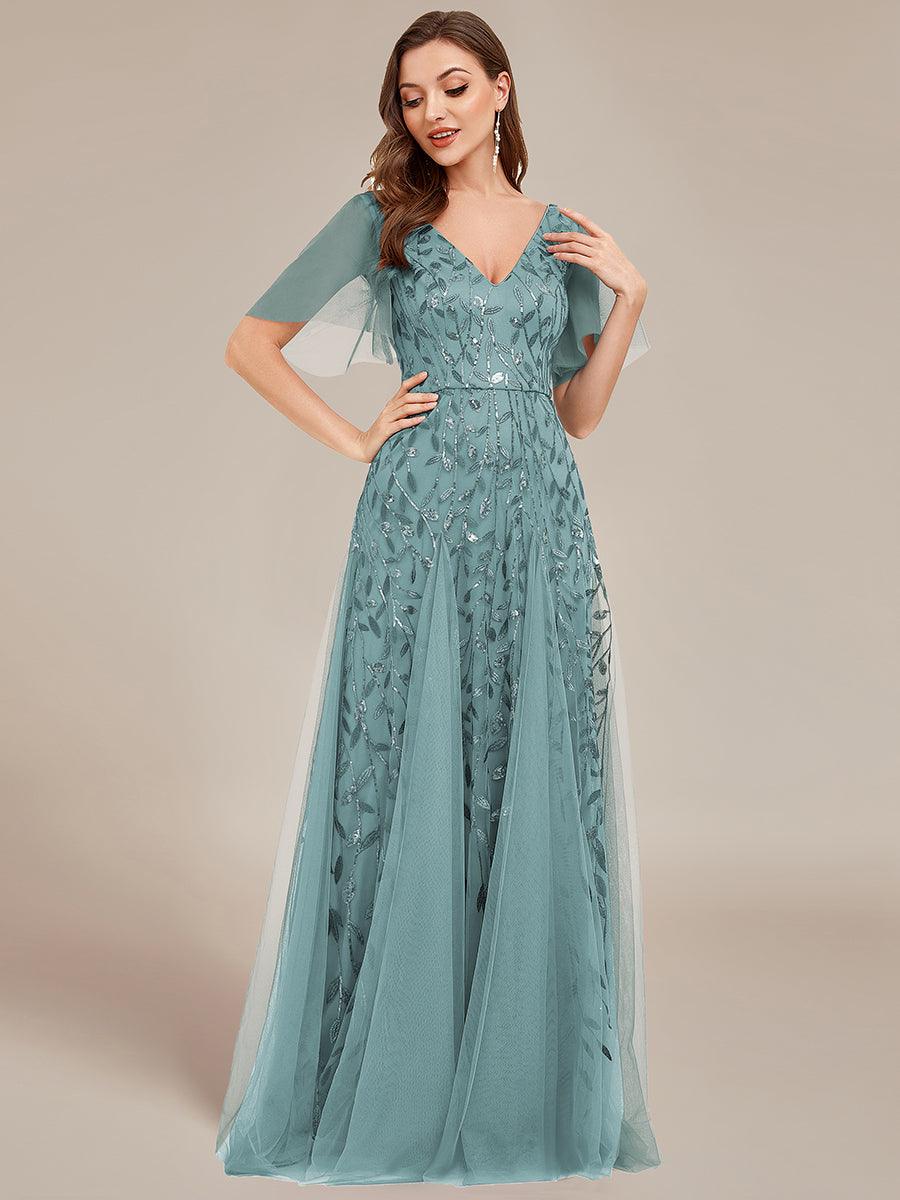 Robe d'Invité de Superbe Mariage Longue à Col en V et Manches à Volants #Couleur_Bleu Fume