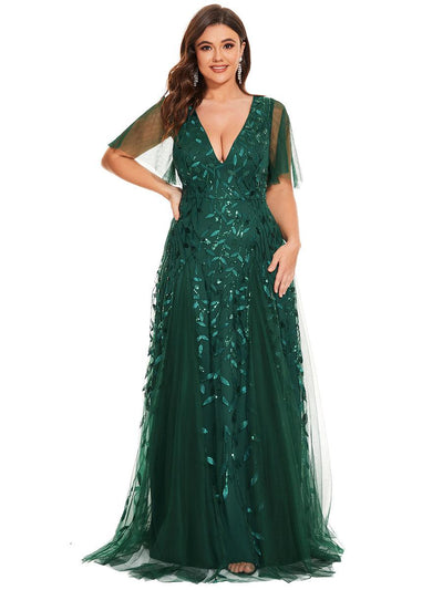 pretty ASTRAL|Robe de soirée romantique grande taille scintillante à col V et manches à volants
