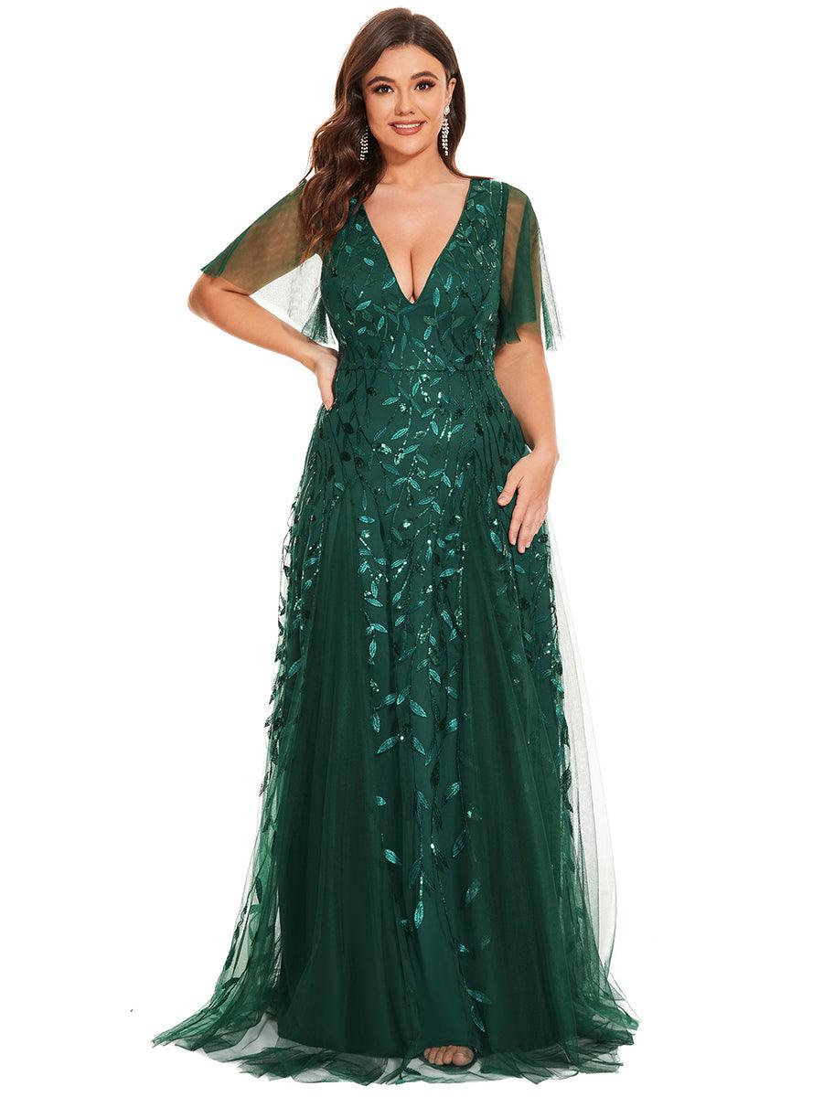 Robe d'Invité de Superbe Mariage Longue à Col en V et Manches à Volants #Couleur_Vert Fonce