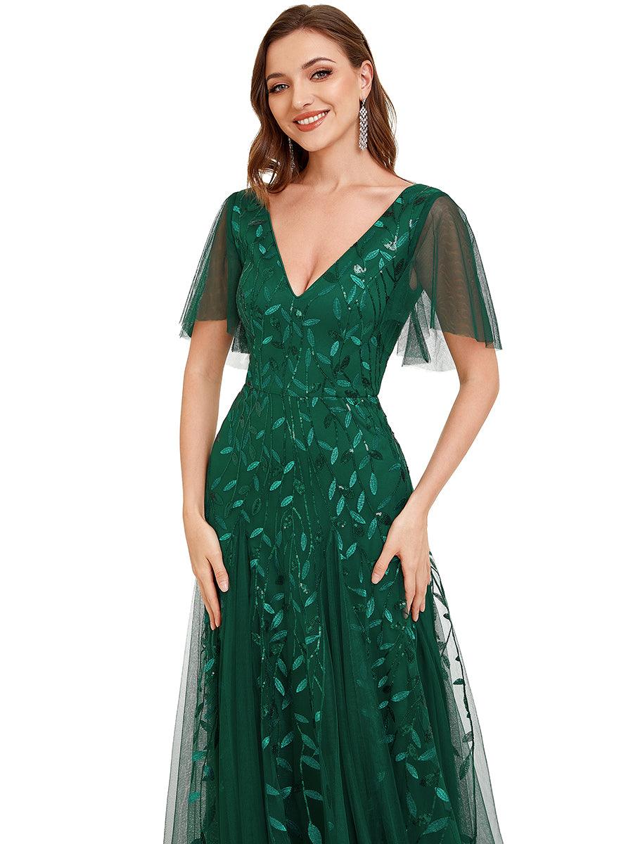 Robe d'Invité de Superbe Mariage Longue à Col en V et Manches à Volants #Couleur_Vert Fonce