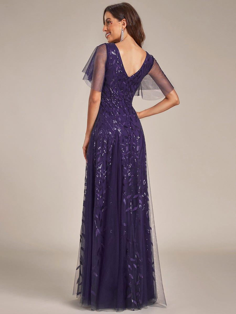 Robe d'Invité de Superbe Mariage Longue à Col en V et Manches à Volants #Couleur_Violet Fonce