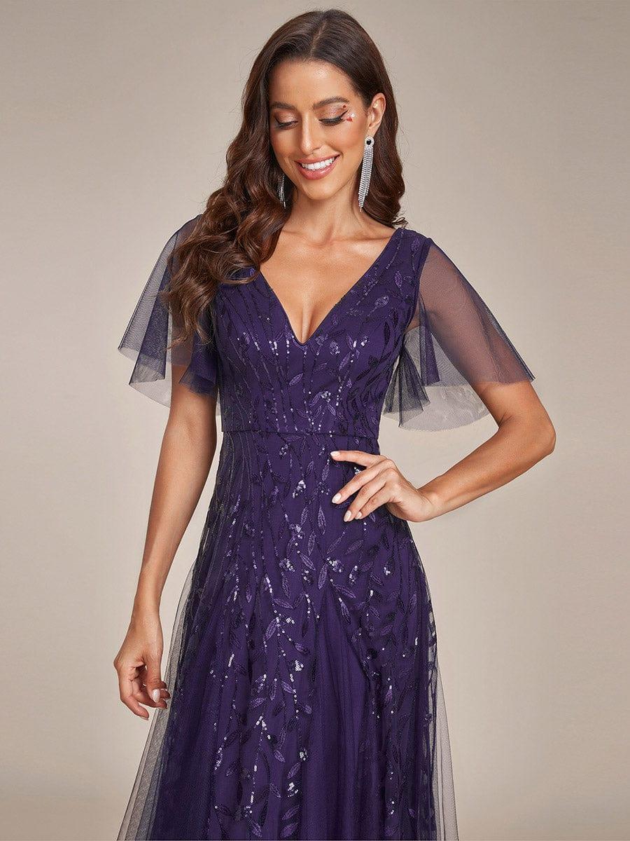 Robe d'Invité de Superbe Mariage Longue à Col en V et Manches à Volants #Couleur_Violet Fonce