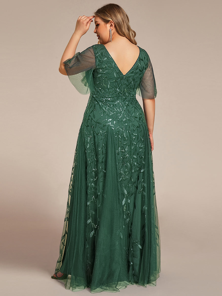 Robe de Soirée Longue Romantique et Scintillante à Col V et Pailletes #Couleur_Eucalyptus