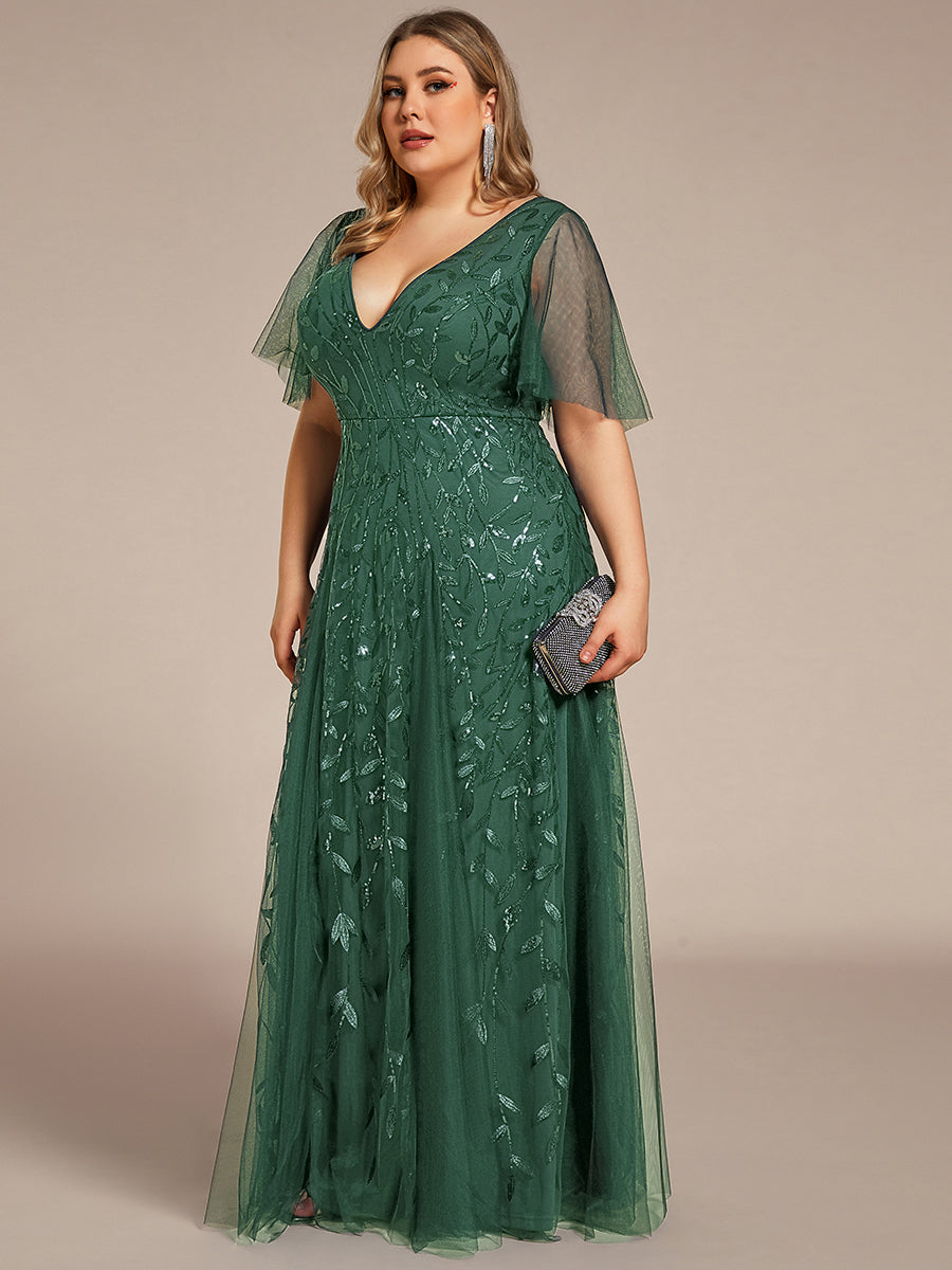 Robe de Soirée Longue Romantique et Scintillante à Col V et Pailletes #Couleur_Eucalyptus