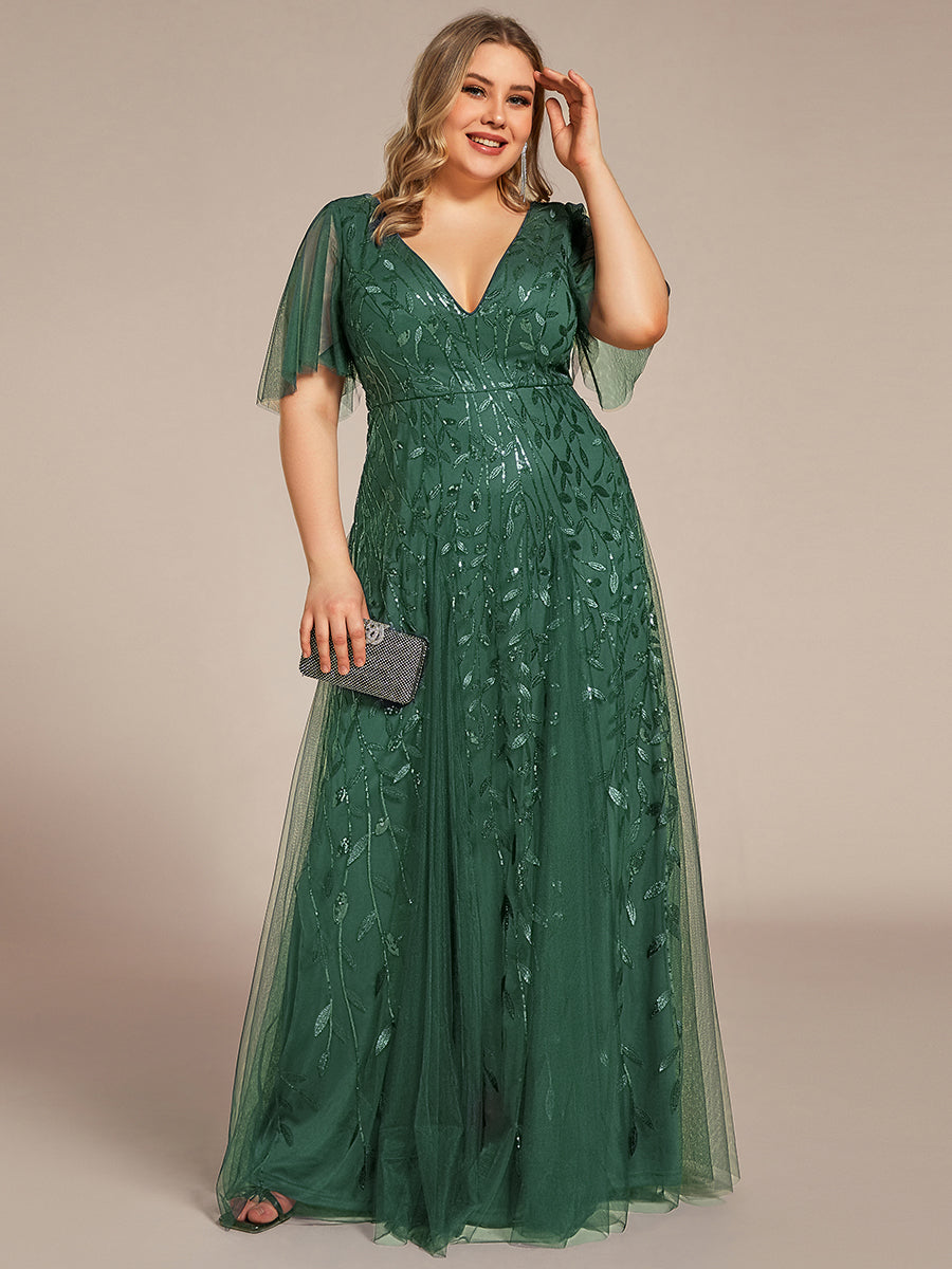 Robe de Soirée Longue Romantique et Scintillante à Col V et Pailletes #Couleur_Eucalyptus