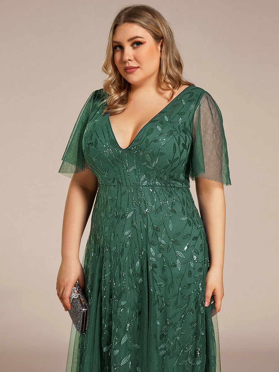 Robe de Soirée Longue Romantique et Scintillante à Col V et Pailletes #Couleur_Eucalyptus