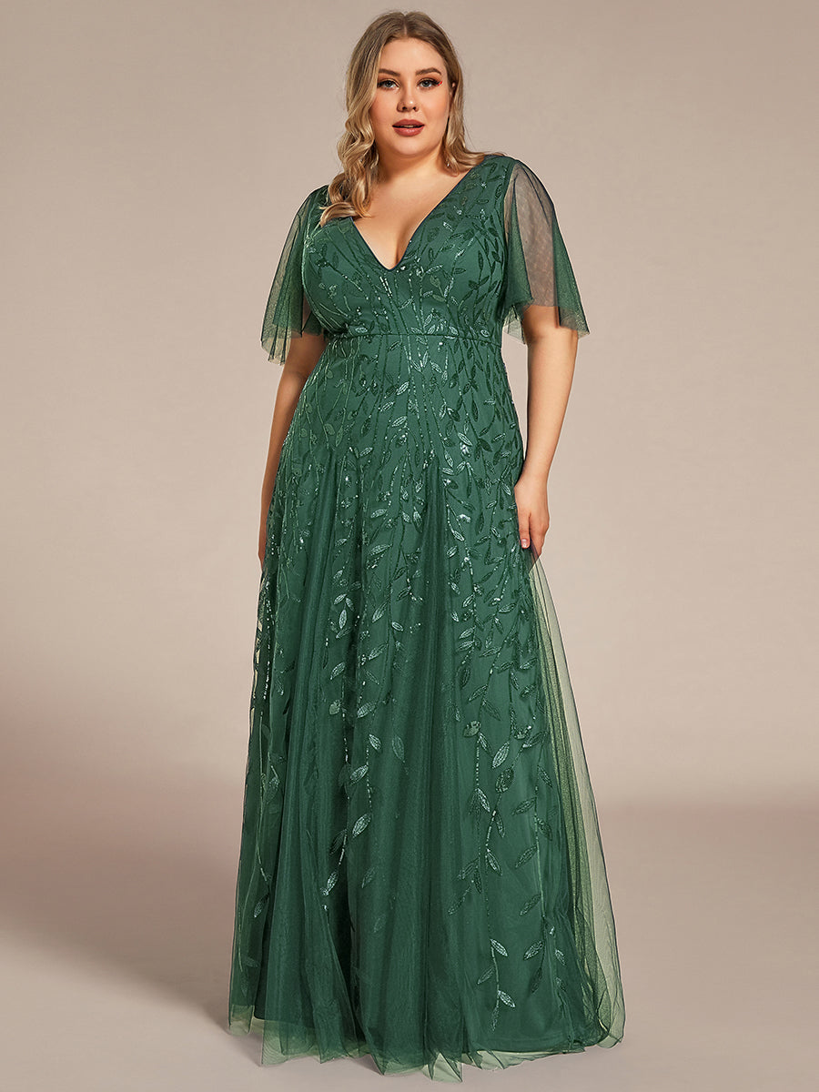 Robe de Soirée Longue Romantique et Scintillante à Col V et Pailletes #Couleur_Eucalyptus