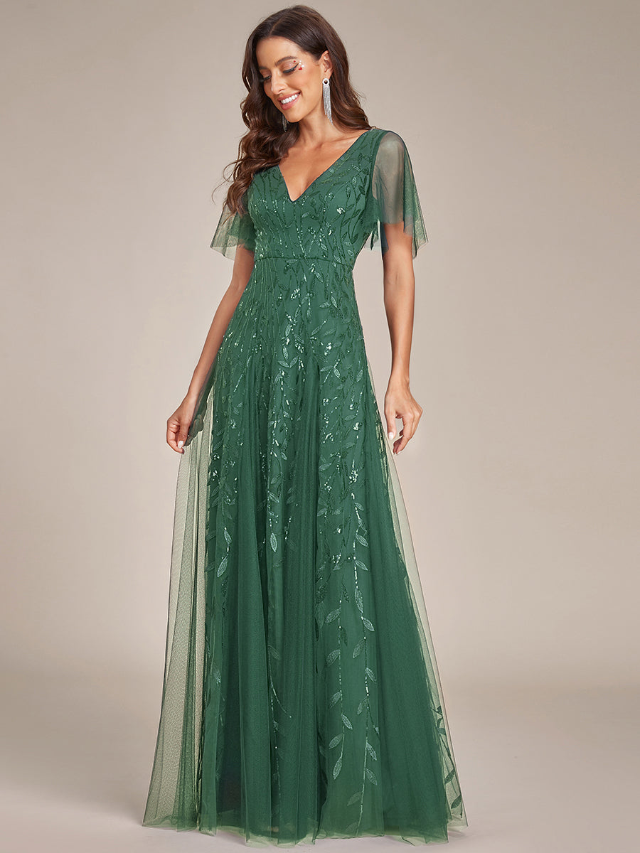 Robe de Soirée Longue Romantique et Scintillante à Col V et Pailletes #Couleur_Eucalyptus