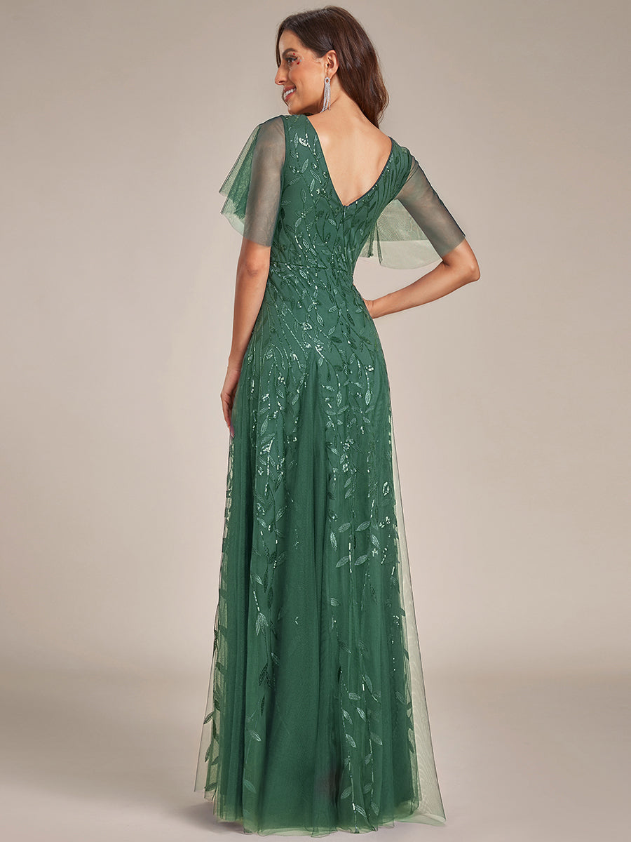 Robe de Soirée Longue Romantique et Scintillante à Col V et Pailletes #Couleur_Eucalyptus