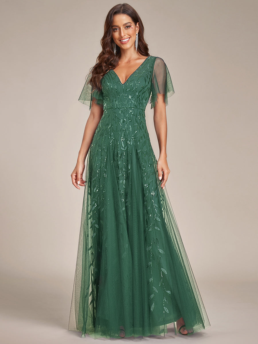 Robe de Soirée Longue Romantique et Scintillante à Col V et Pailletes #Couleur_Eucalyptus