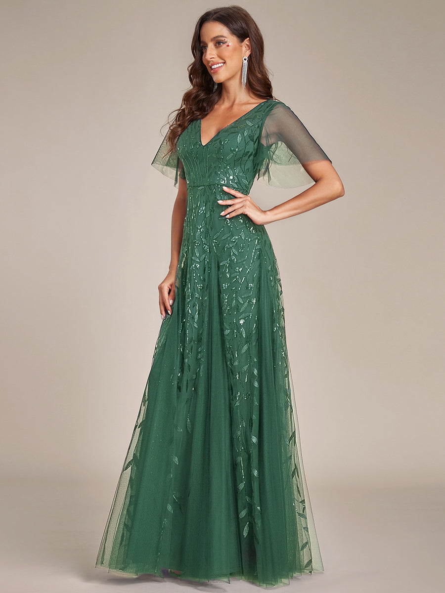 Robe de Soirée Longue Romantique et Scintillante à Col V et Pailletes #Couleur_Eucalyptus