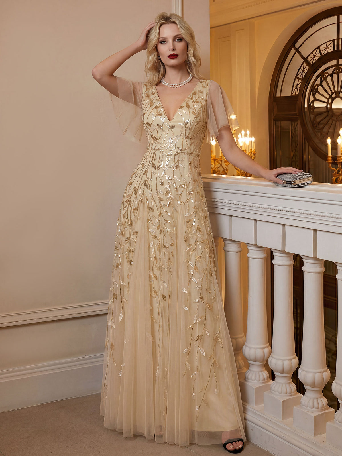 Robe d'Invité de Superbe Mariage Longue à Col en V et Manches à Volants #Couleur_Dorée