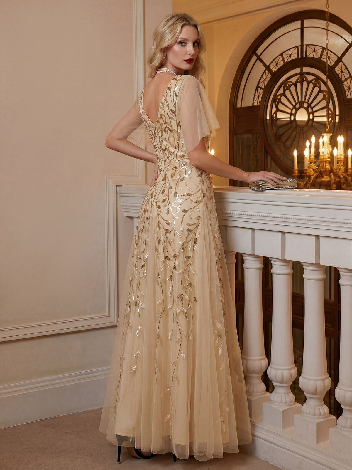 Robe d'Invité de Superbe Mariage Longue à Col en V et Manches à Volants #Couleur_Dorée