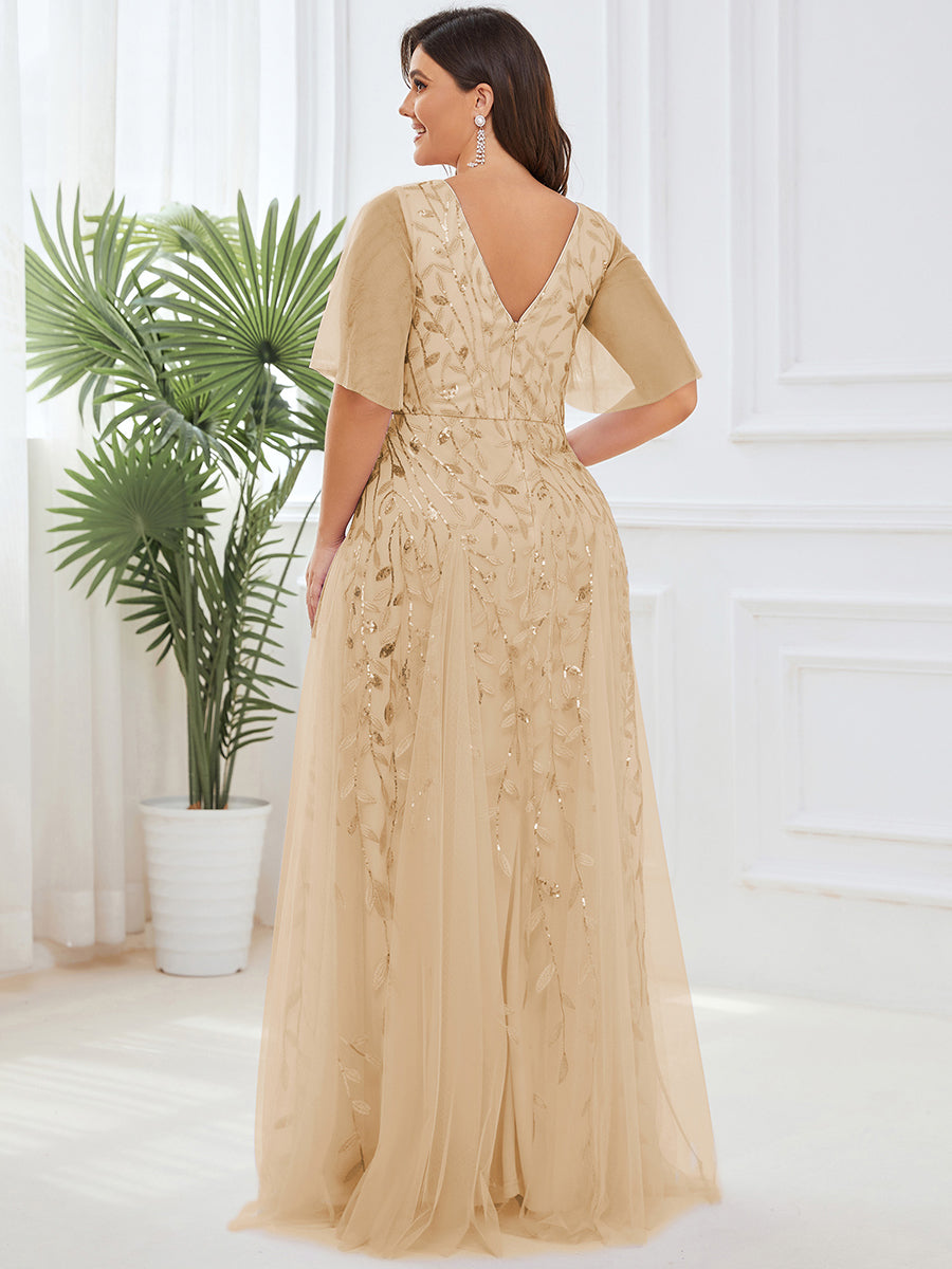 Robe de Soirée Longue Romantique et Scintillante à Col V et Pailletes #Couleur_Dorée