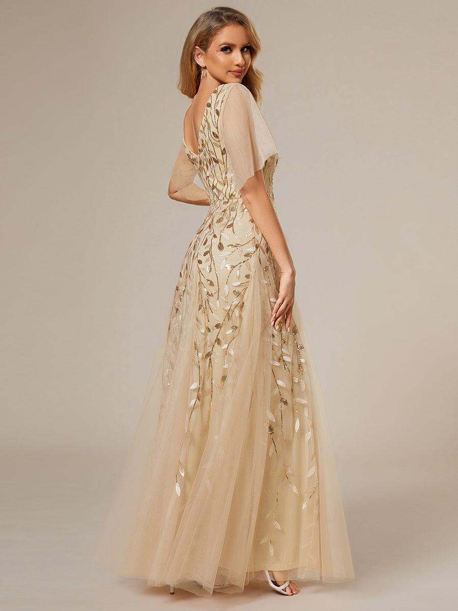 Robe d'Invité de Superbe Mariage Longue à Col en V et Manches à Volants #Couleur_Or