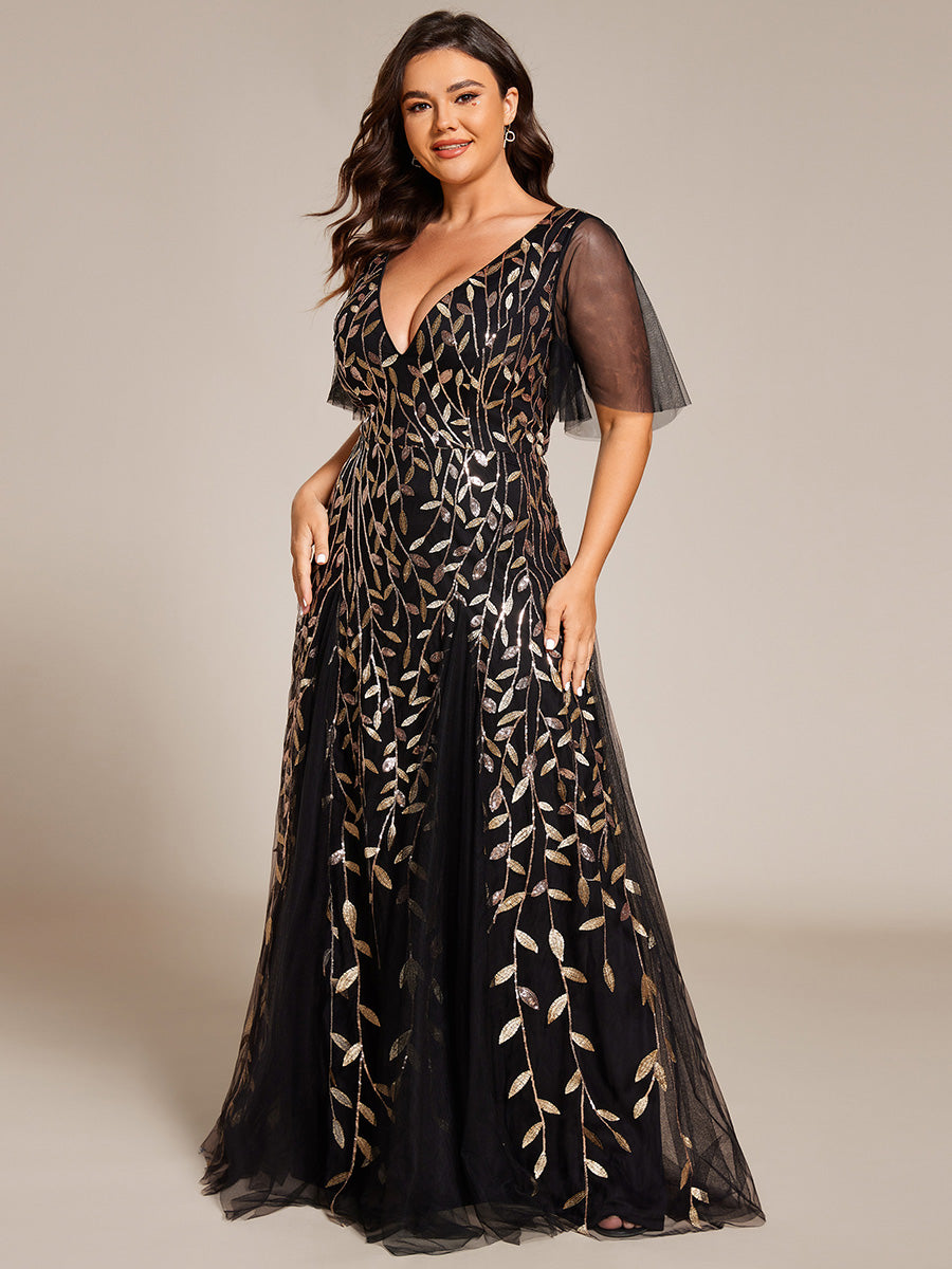 Robe de Soirée Longue Romantique et Scintillante à Col V et Pailletes #Couleur_Noir & Or