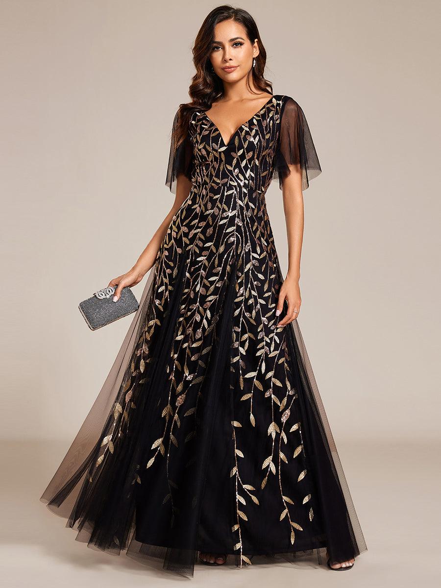 Robe d'Invité de Superbe Mariage Longue à Col en V et Manches à Volants #Couleur_Noir & Or
