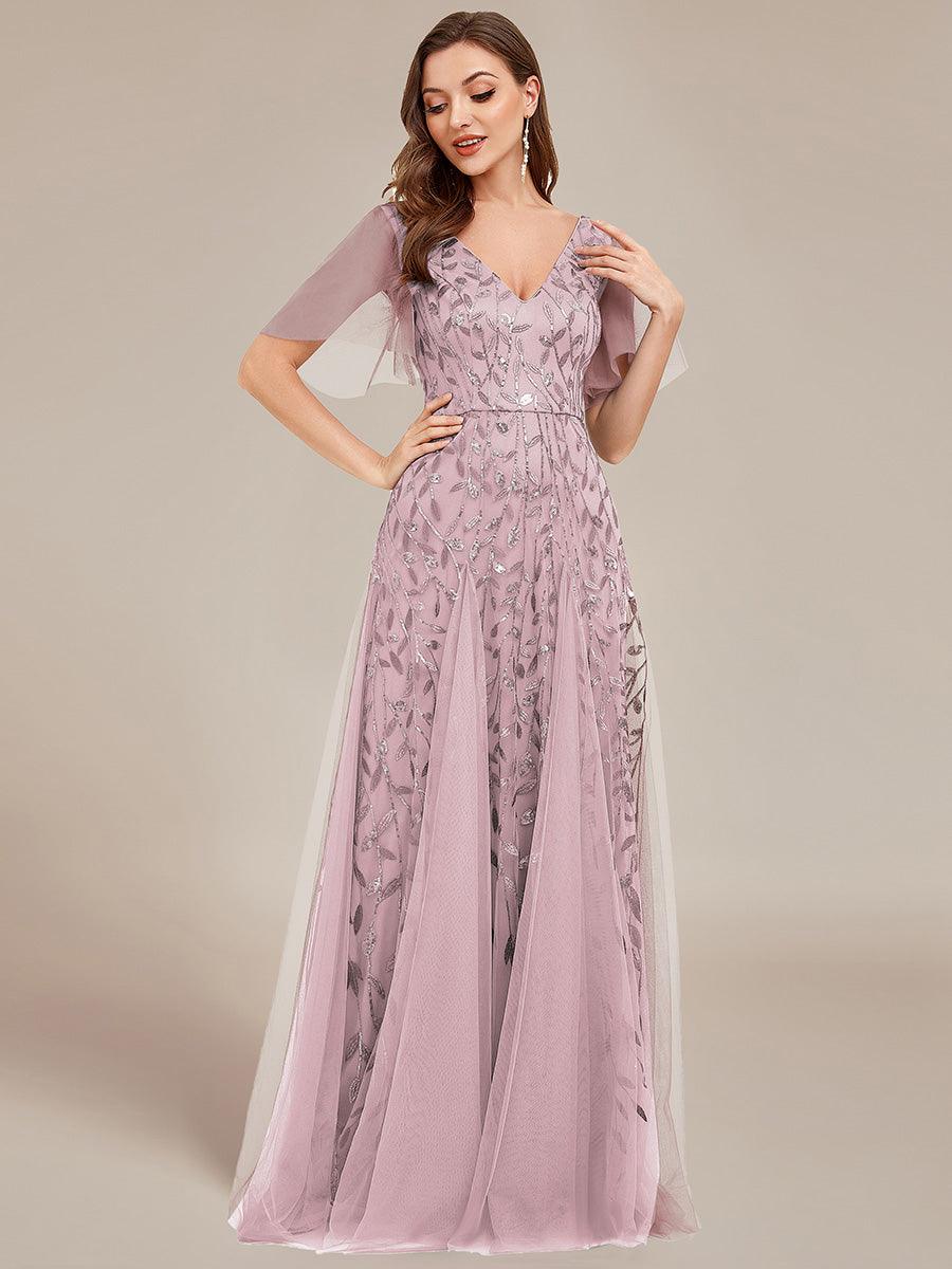 Taille Personnalisée Robe de Soirée Longue Romantique et Scintillante à Col V et Pailletes #couleur_Lilas