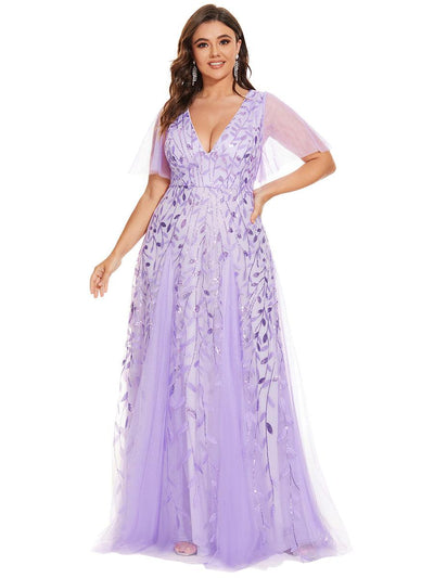 pretty ASTRAL|Robe de soirée romantique grande taille scintillante à col V et manches à volants