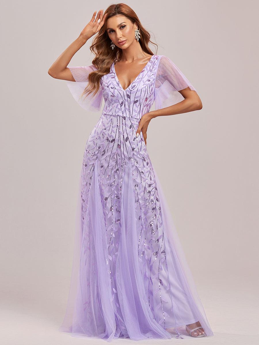 Robe d'Invité de Superbe Mariage Longue à Col en V et Manches à Volants #Couleur_Lavande