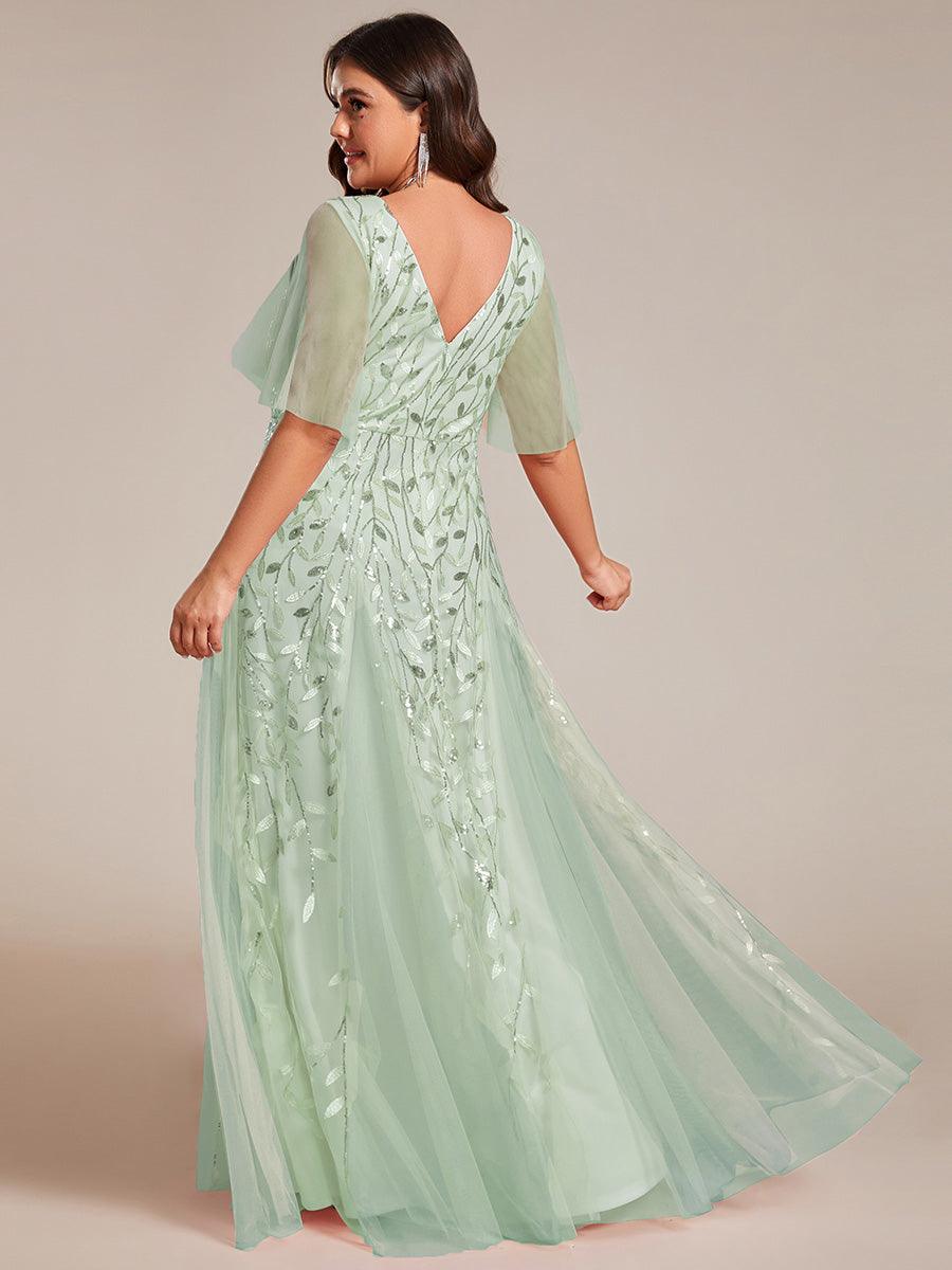 Robe de Soirée Longue Romantique et Scintillante à Col V et Pailletes #Couleur_Menthe Verte