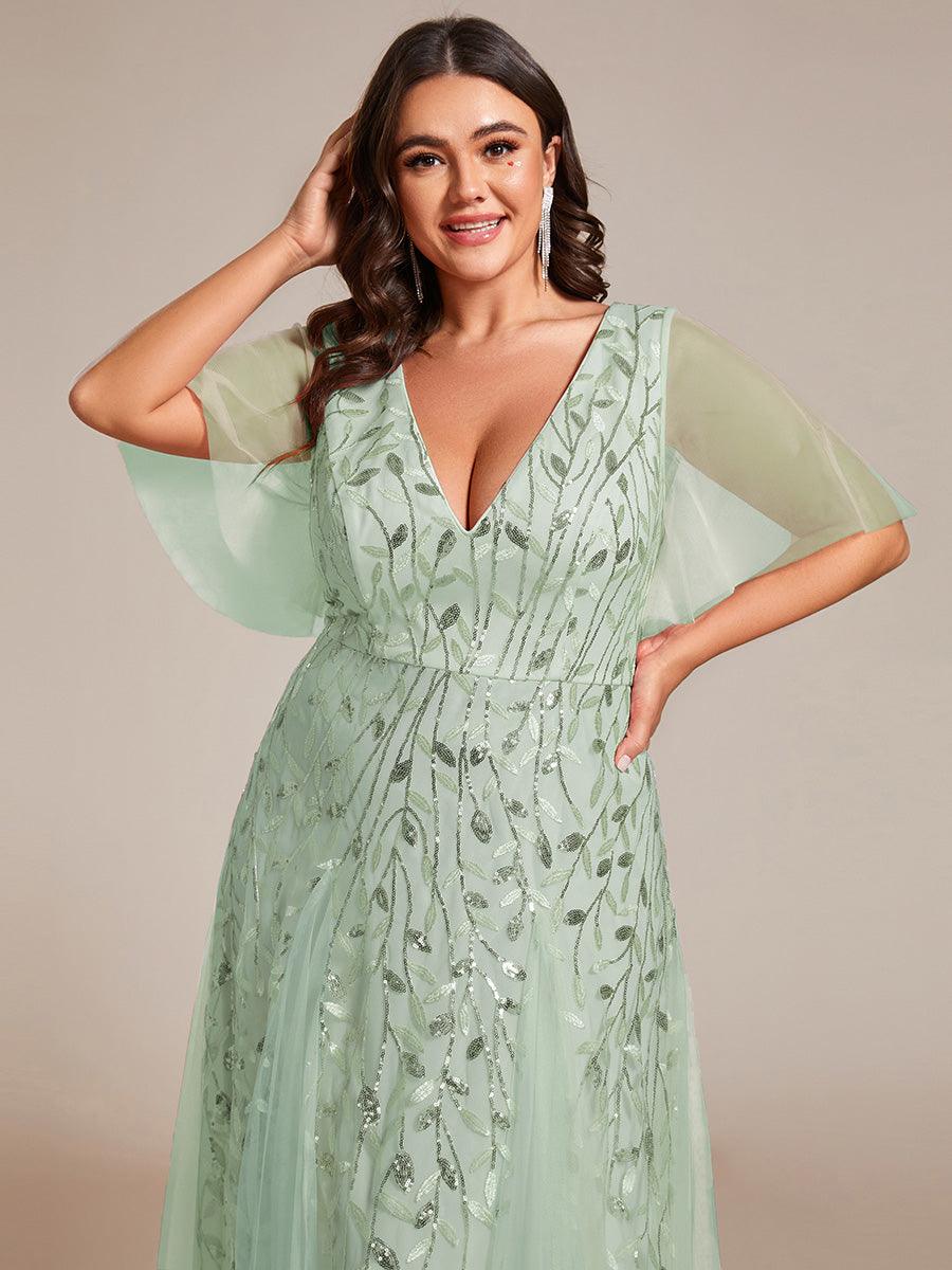 Robe de Soirée Longue Romantique et Scintillante à Col V et Pailletes #Couleur_Menthe Verte
