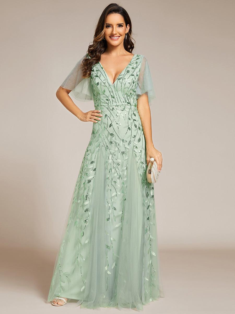 Robe de Soirée Longue Romantique et Scintillante à Col V et Pailletes #Couleur_Menthe Verte