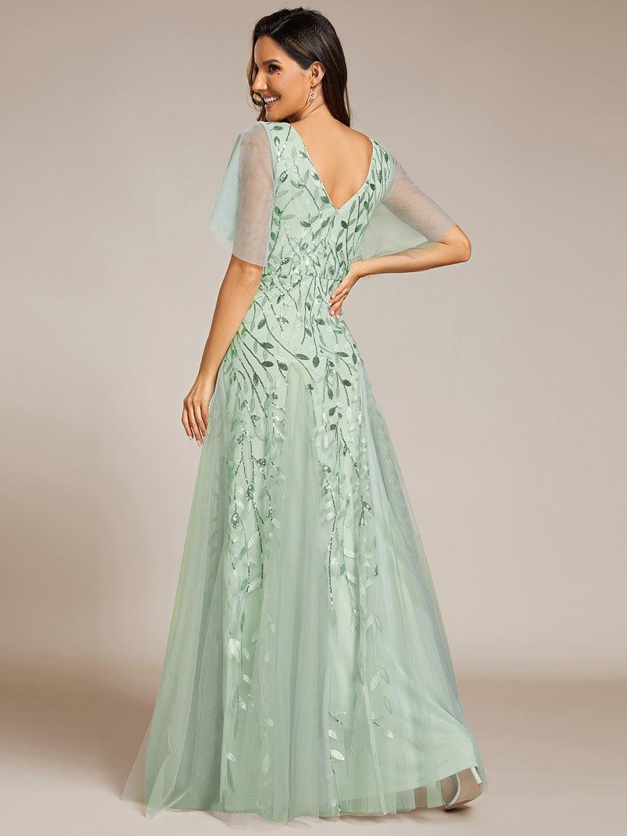 Robe de Soirée Longue Romantique et Scintillante à Col V et Pailletes #Couleur_Menthe Verte