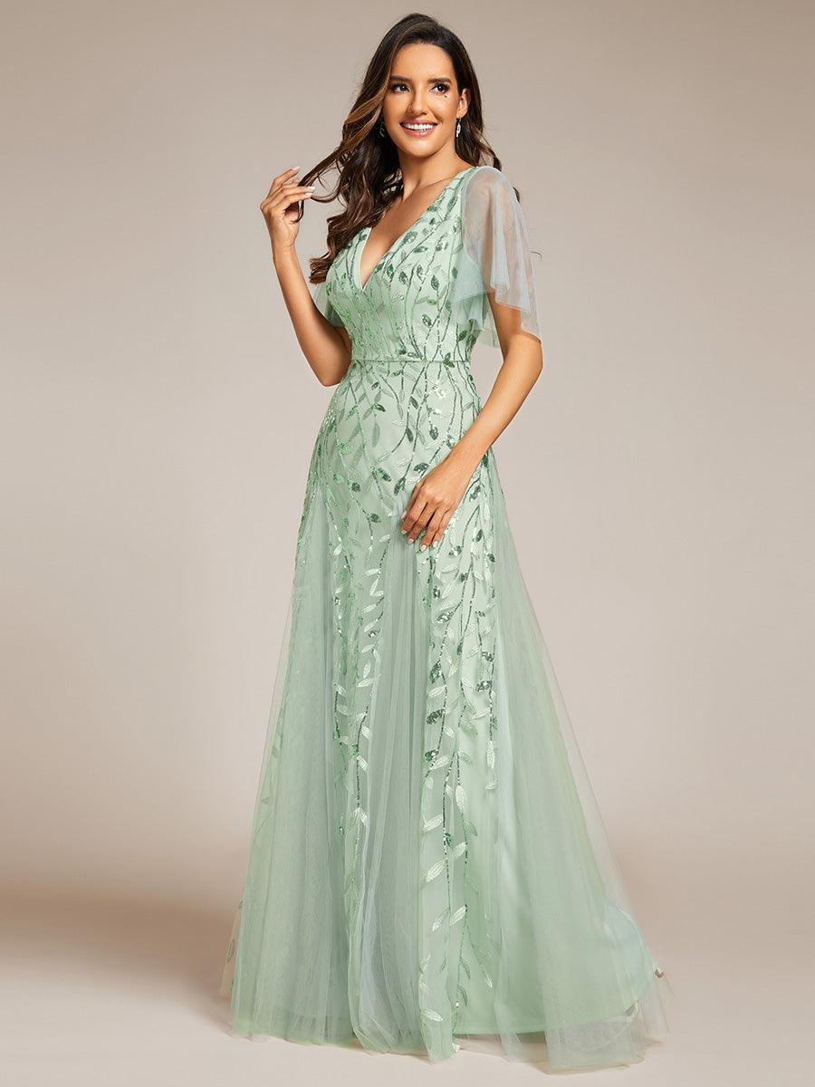 Robe de Soirée Longue Romantique et Scintillante à Col V et Pailletes #Couleur_Menthe Verte