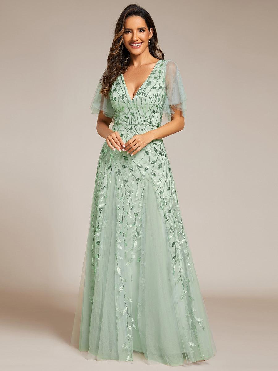 Robe de Soirée Longue Romantique et Scintillante à Col V et Pailletes #Couleur_Menthe Verte