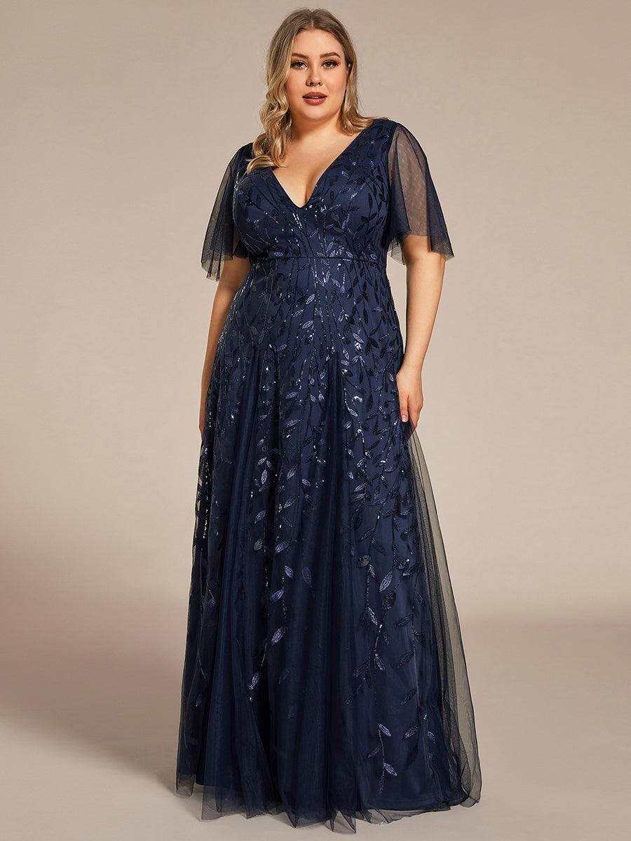 Robe d'Invité de Superbe Mariage Longue à Col en V et Manches à Volants #Couleur_Bleu Marine