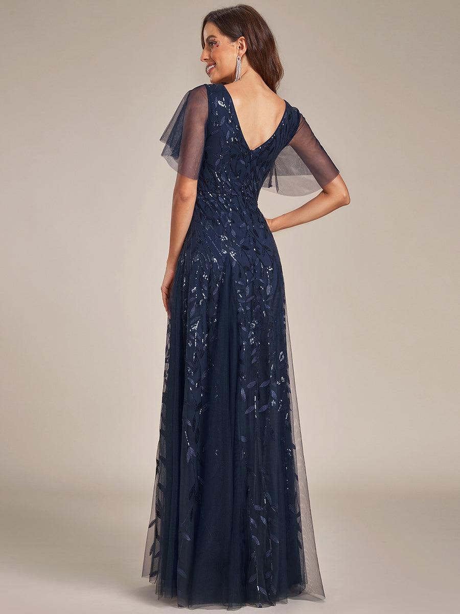 Robe d'Invité de Superbe Mariage Longue à Col en V et Manches à Volants #Couleur_Bleu Marine