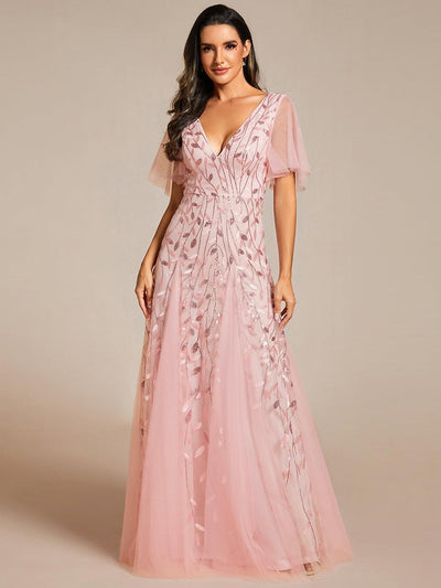 ever ASTRAL|Robe de Soirée Longue Romantique et Scintillante à Col V et Pailletes