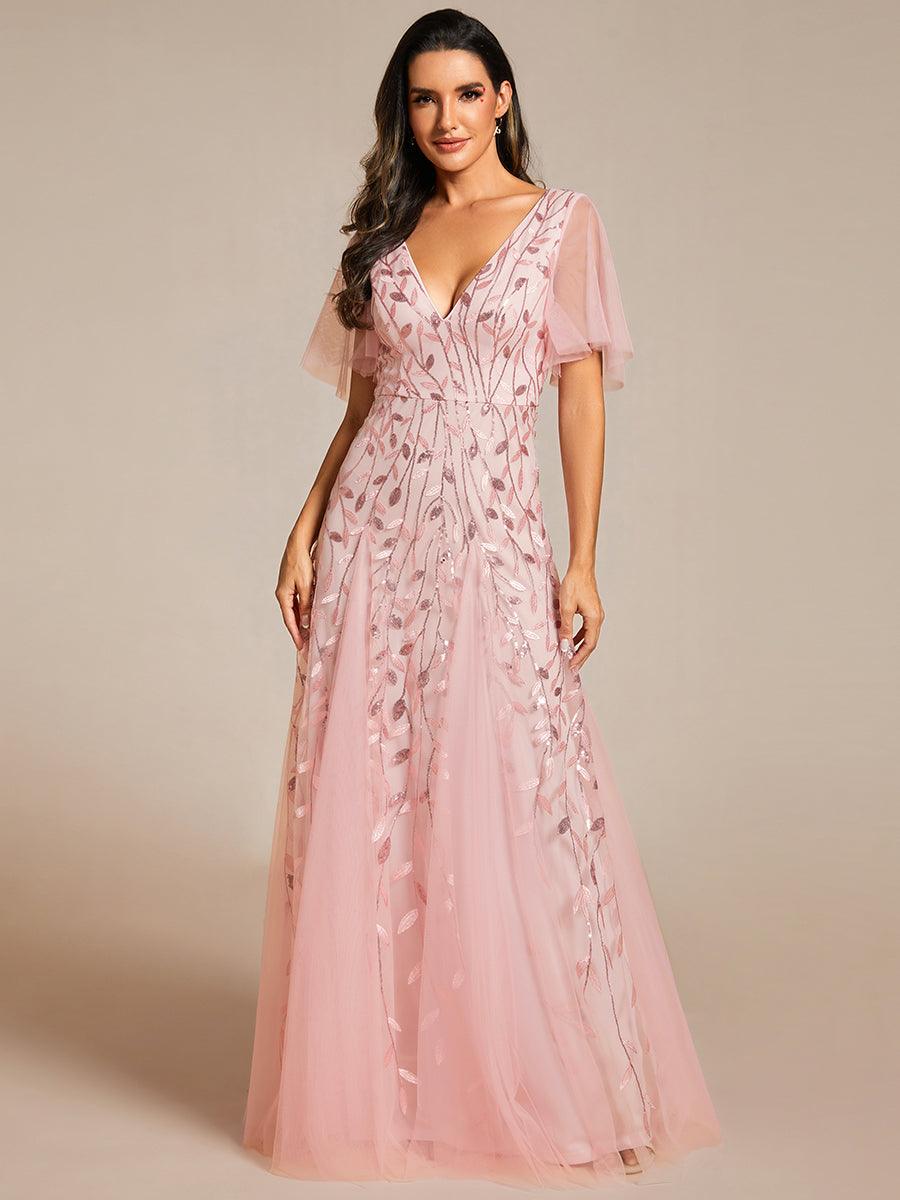 Robe de Soirée Longue Romantique et Scintillante à Col V et Pailletes #Couleur_Rose