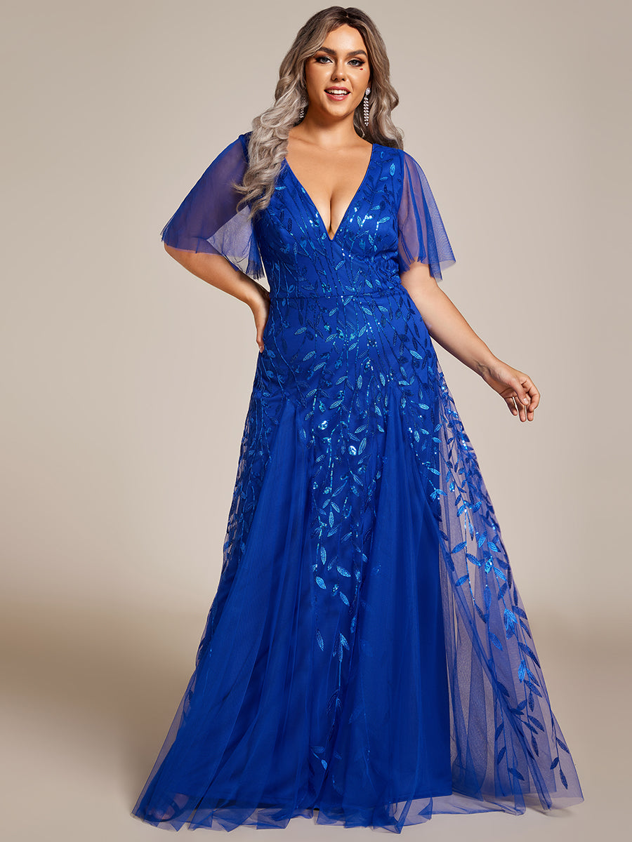 Robe d'Invité de Superbe Mariage Longue à Col en V et Manches à Volants #Couleur_Bleu Saphir