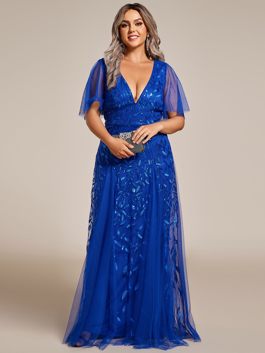 Robe d'Invité de Superbe Mariage Longue à Col en V et Manches à Volants #Couleur_Bleu Saphir