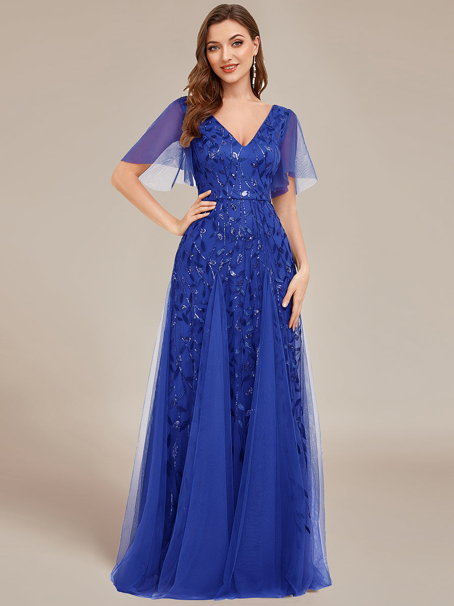 Robe d'Invité de Superbe Mariage Longue à Col en V et Manches à Volants #Couleur_Bleu Saphir