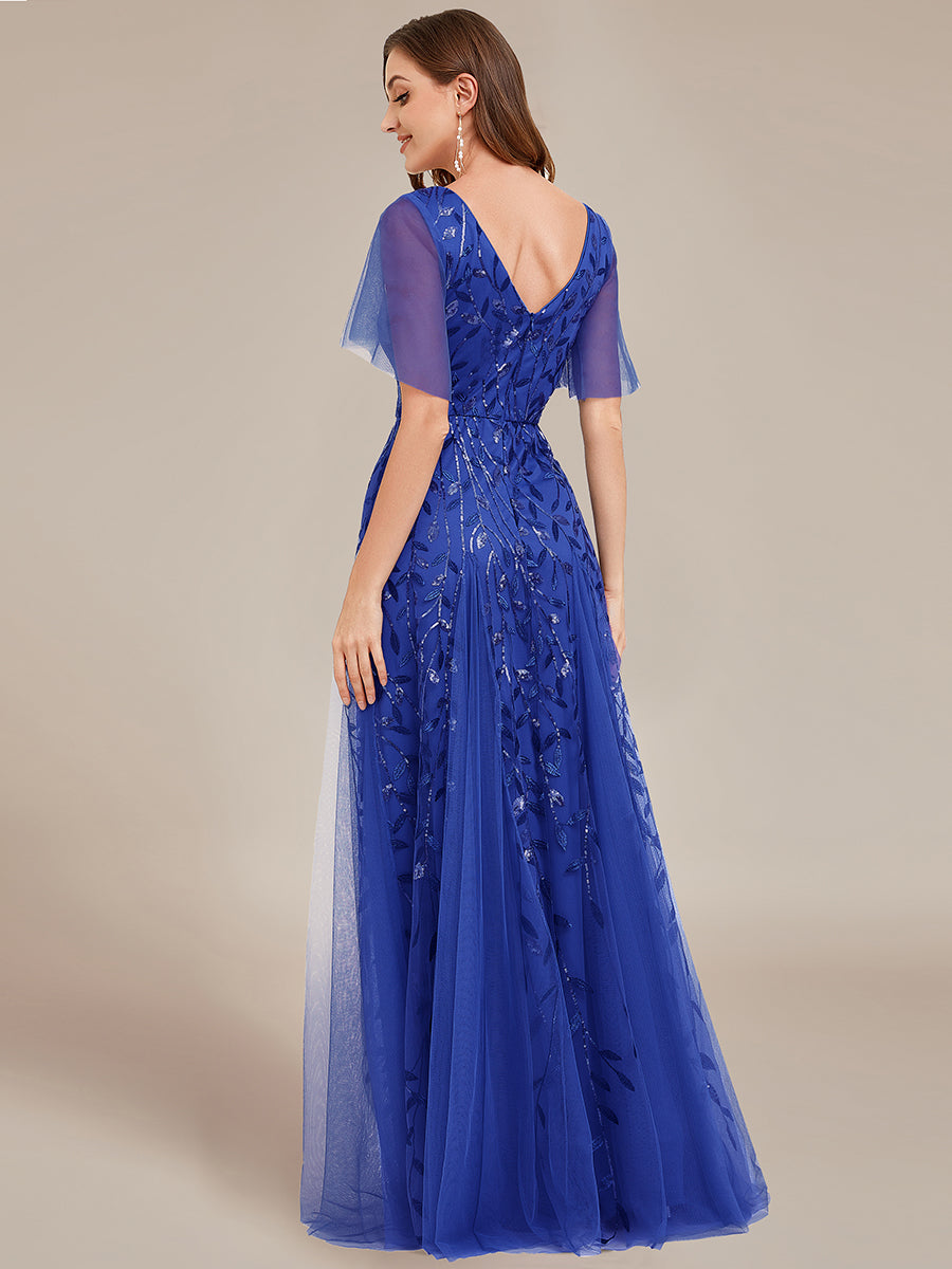 Robe d'Invité de Superbe Mariage Longue à Col en V et Manches à Volants #Couleur_Bleu Saphir