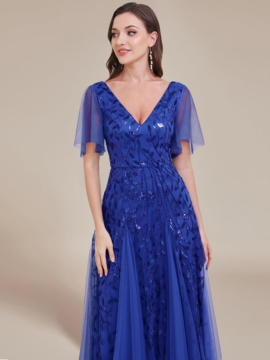 Robe d'Invité de Superbe Mariage Longue à Col en V et Manches à Volants #Couleur_Bleu Saphir
