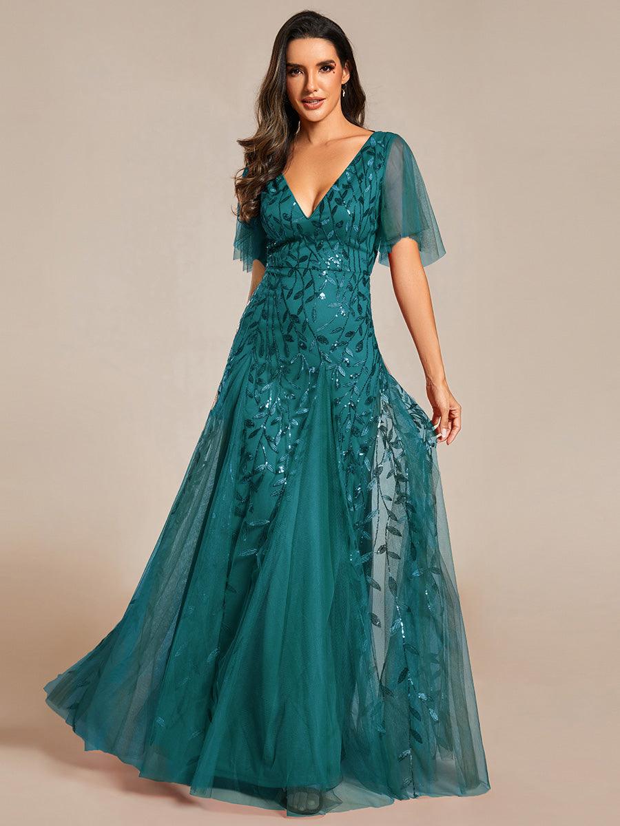 Robe de Soirée Longue Romantique et Scintillante à Col V et Pailletes #Couleur_Bleu Sarcelle