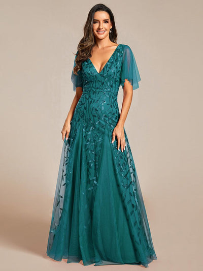 ever ASTRAL|Robe de soirée de mariage à col en V et manches à volants